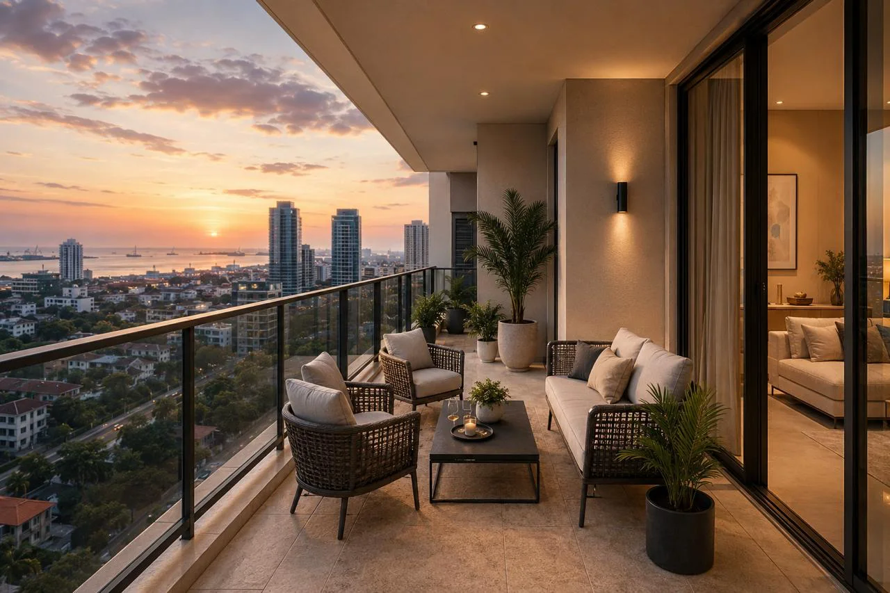 Artistic impression of a generous balcony at Grand Sultan Jupiter