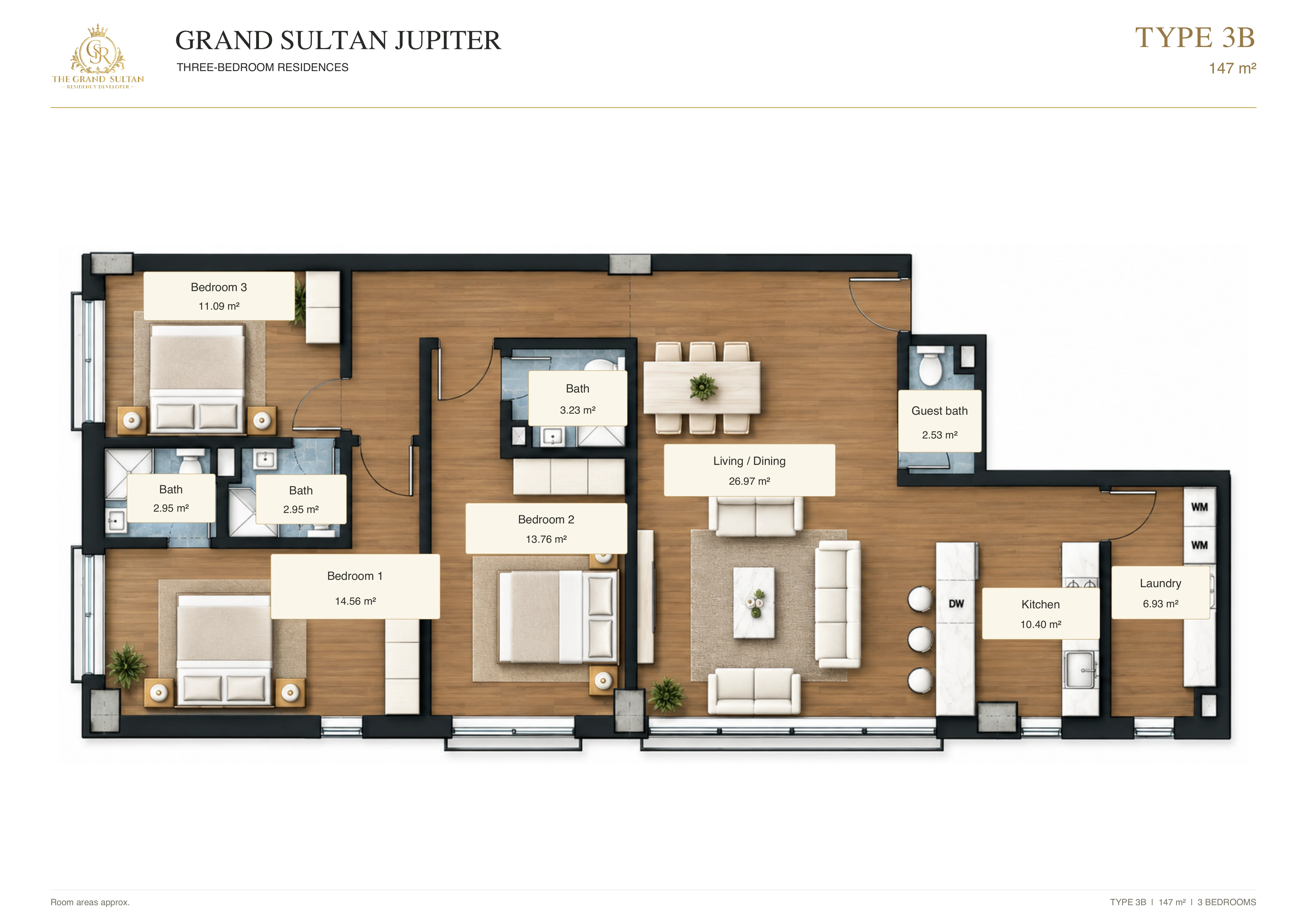 Type 3B · 3-bedroom apartment · 147 m²