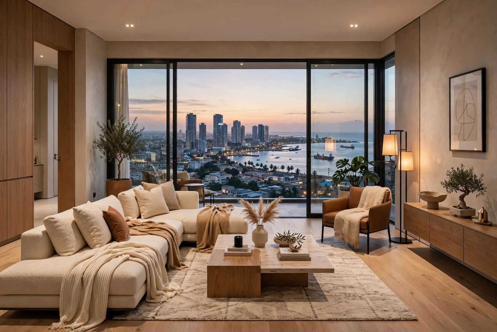 Artistic impression of the furnished living room at Grand Sultan Jupiter