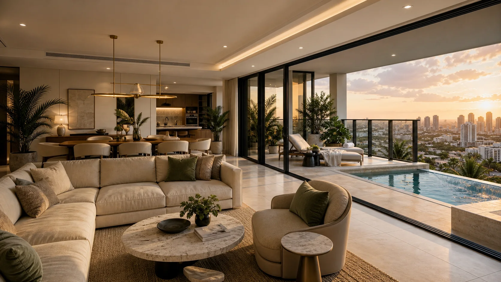 Artistic impression of a fully furnished Grand Sultan Mercury living and dining area