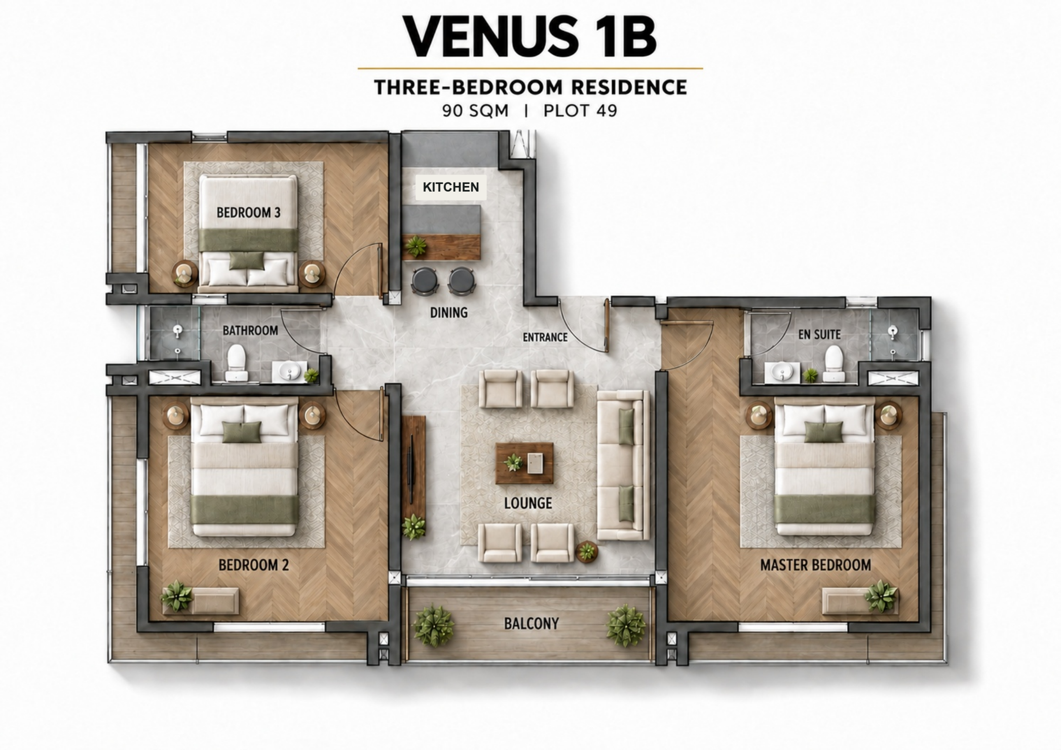 Venus 1B · 3-bedroom residence · 90 m²
