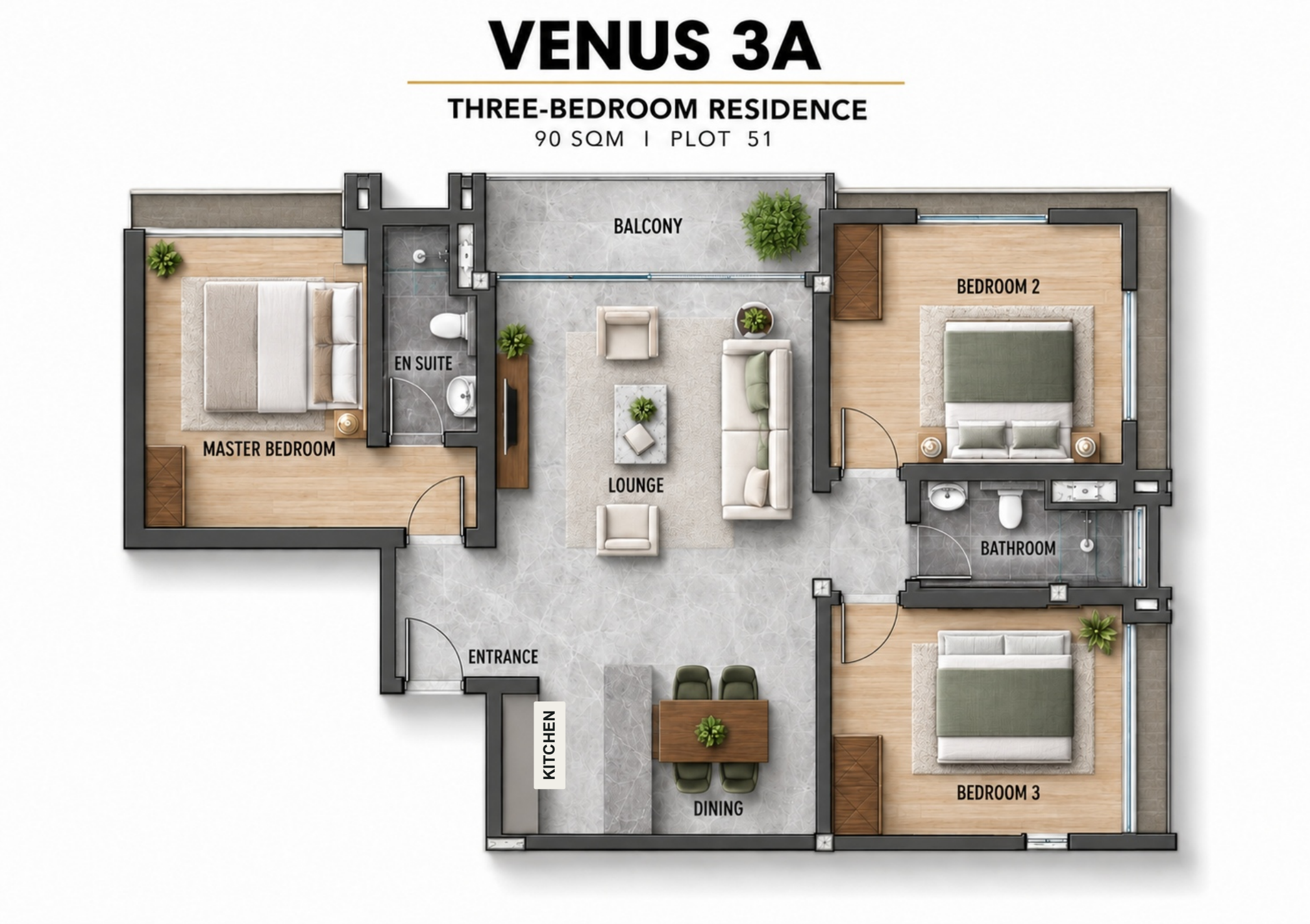Venus 3A · 3-bedroom residence · 90 m²